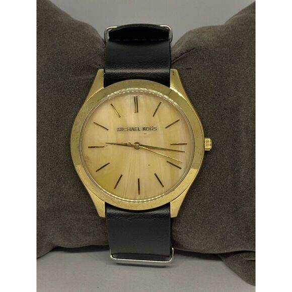 Michael Kors MK4285 Women's Black Leather Analog Gold Dial Quartz Watch GE256 - Picture 1 of 11